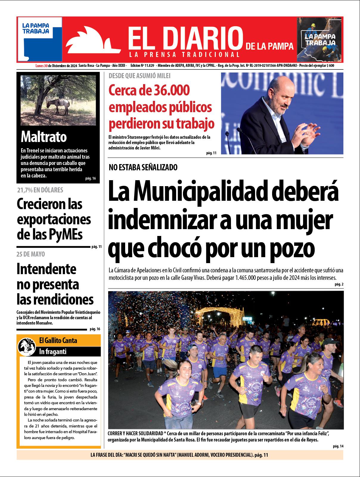 Tapa de El Diario en papel  lunes 30 de diciembre de 2025